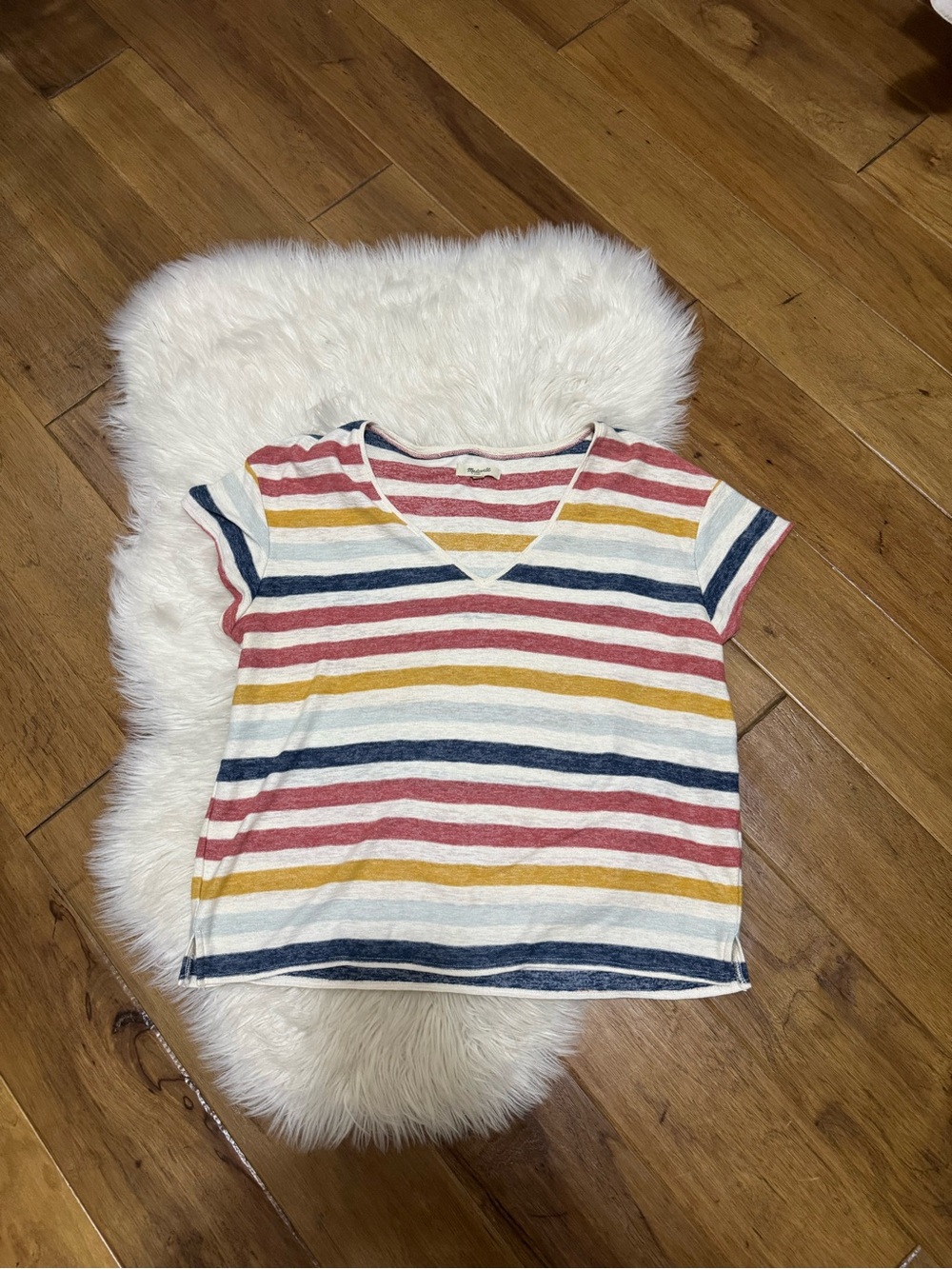 Madewell Short Sleeve V-Neck Tee in White, Red, Navy & Mustard Stripes